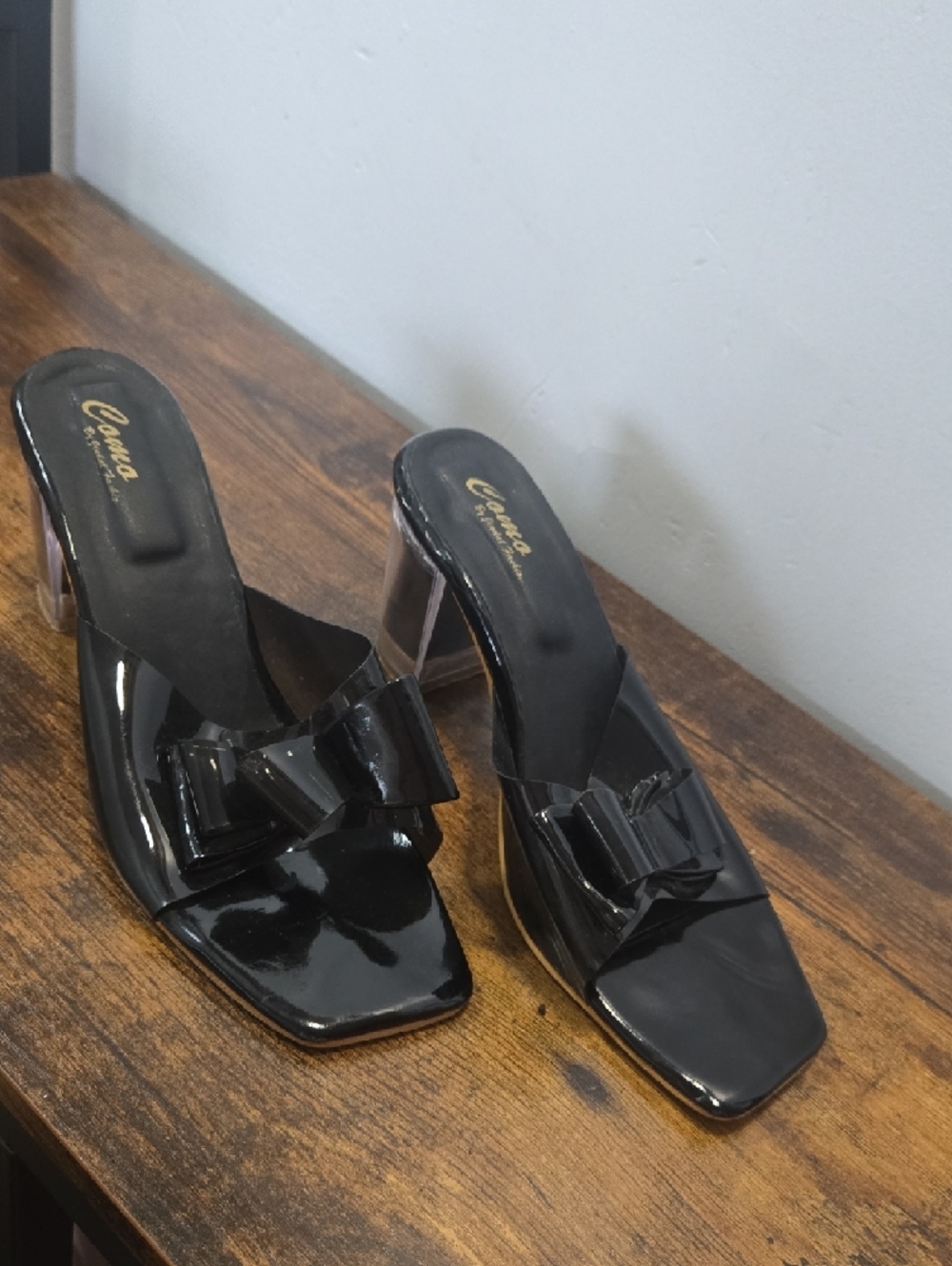 Cameo Black Patent Bow Clear-Block Mule Heels - Picture 6 of 6